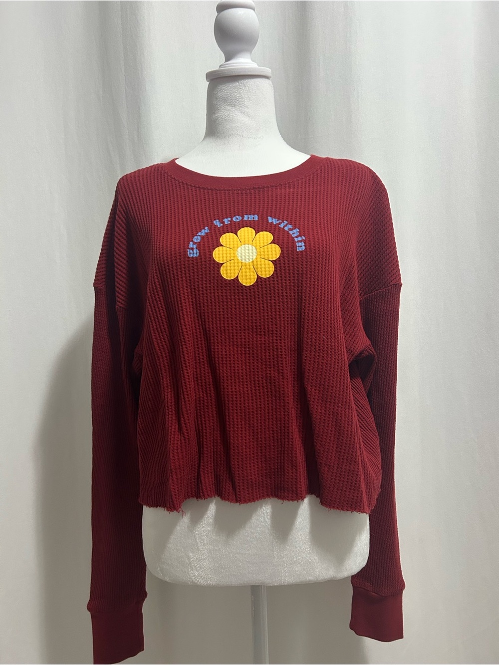 Forever 21 Burgundy Floral Graphic Waffle Long-Sleeve Top